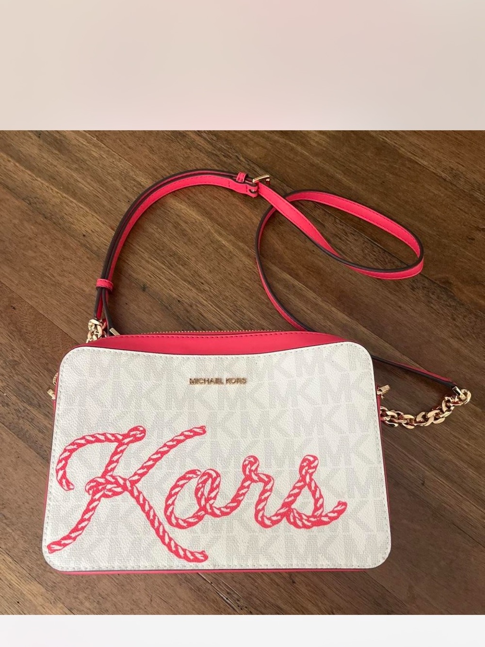 Michael Kors White and Hot Pink Logo Crossbody
